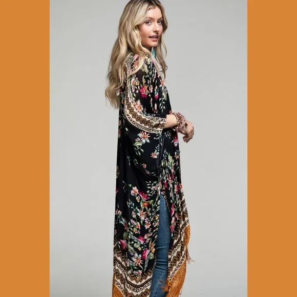 RESTOCK - Boho Floral Print Kimono Tassel Fringe Trim - Picture 6 of 8
